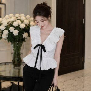 Áo babydoll cổ V bèo nhún thắt nơ – dáng xoè tiểu thư Hàn Quốc siêu xinh - Hình ảnh 1