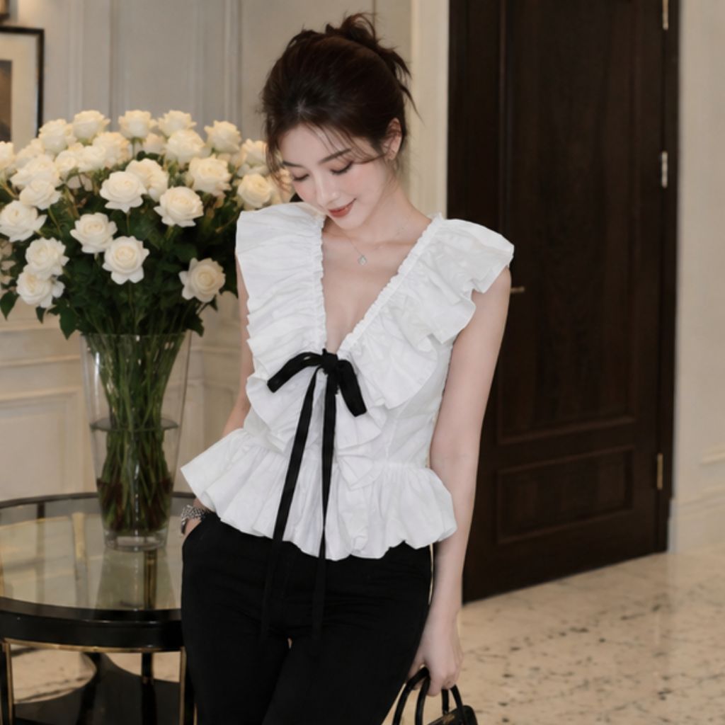 Áo babydoll cổ V bèo nhún thắt nơ – dáng xoè tiểu thư Hàn Quốc siêu xinh