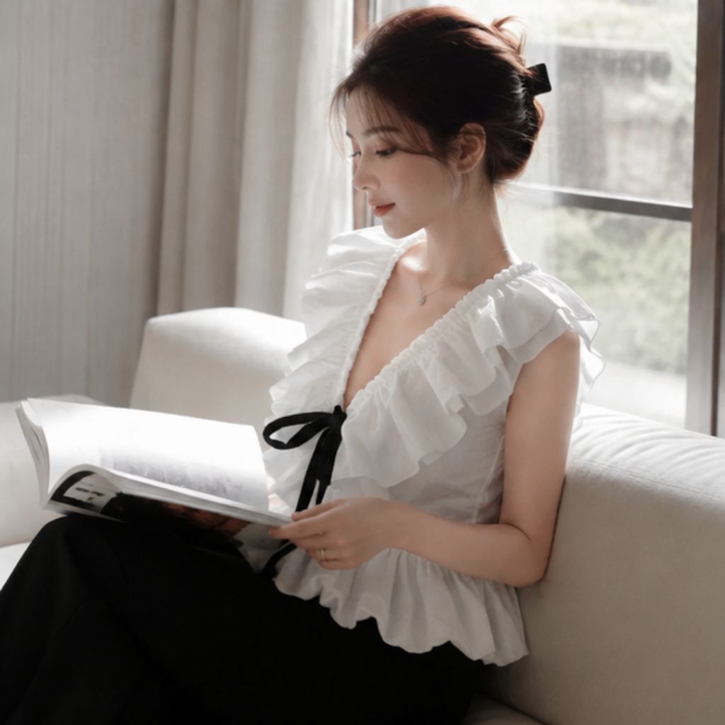 Áo babydoll cổ V bèo nhún thắt nơ – dáng xoè tiểu thư Hàn Quốc siêu xinh