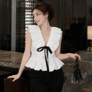 Áo babydoll cổ V bèo nhún thắt nơ – dáng xoè tiểu thư Hàn Quốc siêu xinh - Hình ảnh 4
