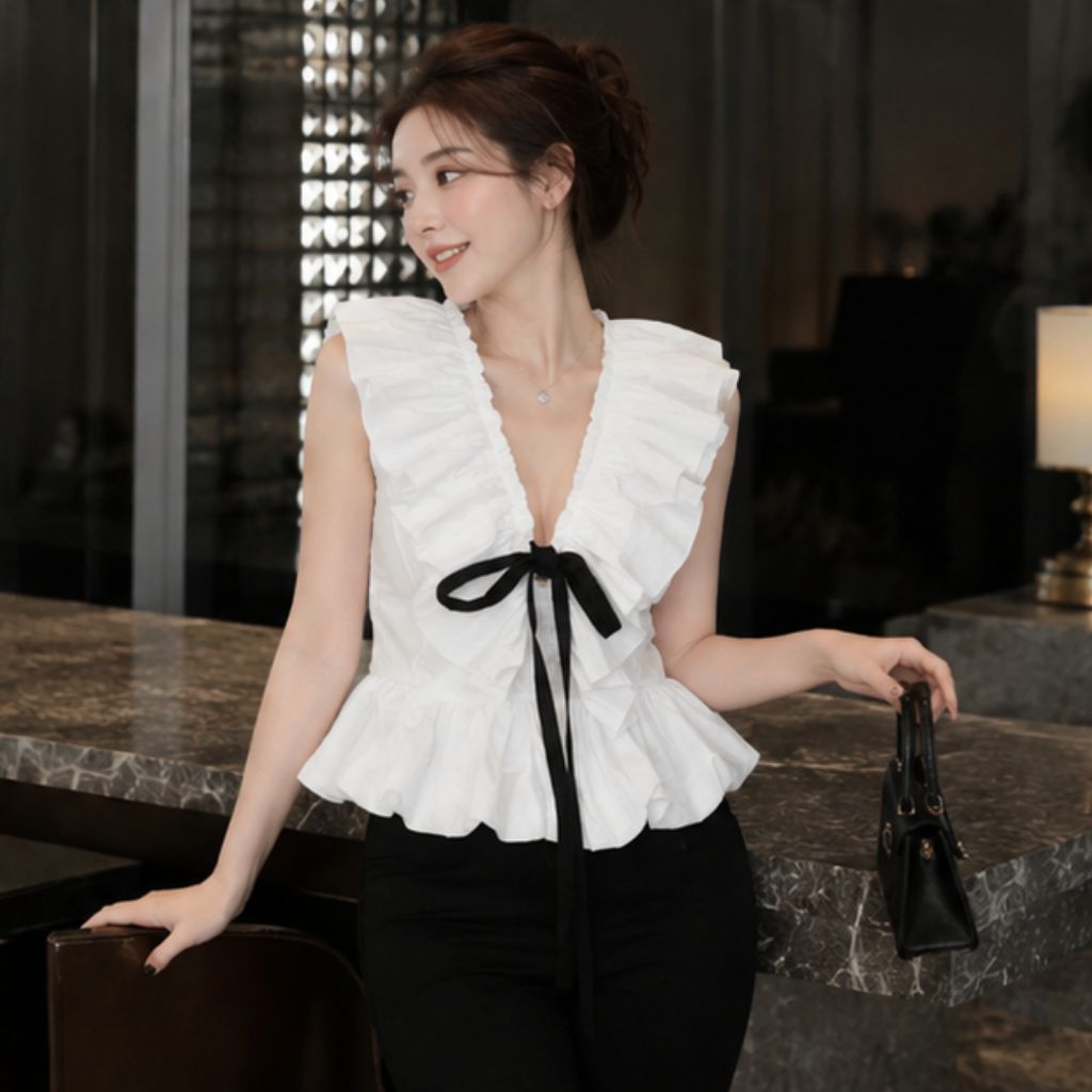 Áo babydoll cổ V bèo nhún thắt nơ – dáng xoè tiểu thư Hàn Quốc siêu xinh
