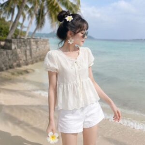 Áo babydoll cổ bèo thắt nơ tay bồng thêu hoa – tiểu thư siêu xinh - Hình ảnh 3