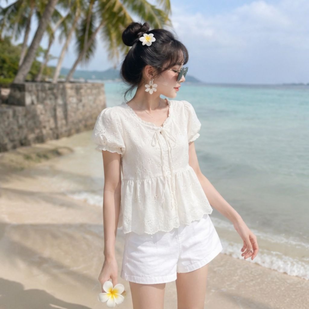 Áo babydoll cổ bèo thắt nơ tay bồng thêu hoa – tiểu thư siêu xinh
