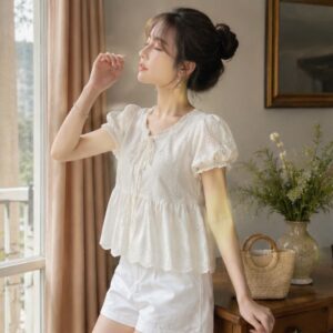Áo babydoll cổ bèo thắt nơ tay bồng thêu hoa – tiểu thư siêu xinh - Hình ảnh 1