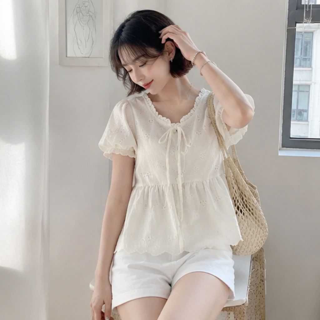 Áo babydoll cổ bèo thắt nơ tay bồng thêu hoa – tiểu thư siêu xinh