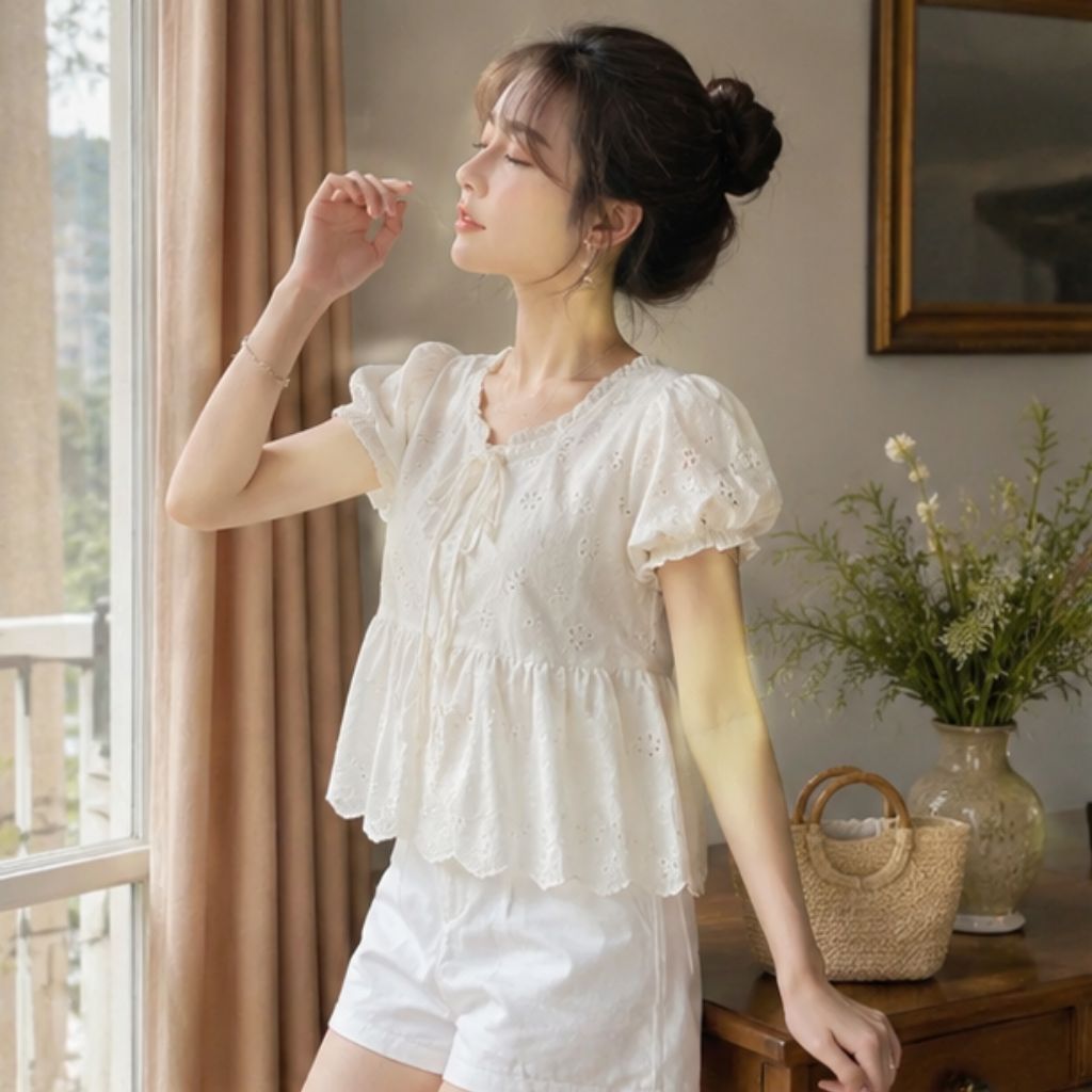 Áo babydoll cổ bèo thắt nơ tay bồng thêu hoa – tiểu thư siêu xinh