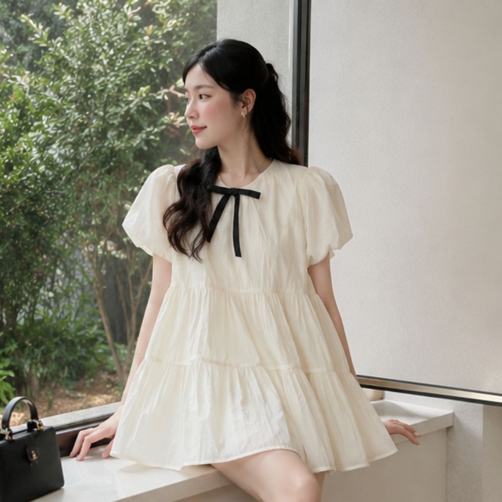 Áo babydoll tay bồng dáng xoè 2 lớp – kèm nơ tiểu thư siêu xinh