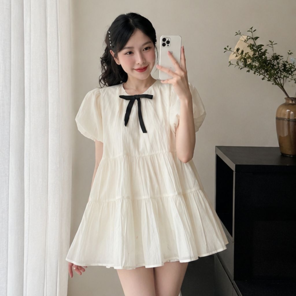 Áo babydoll tay bồng dáng xoè 2 lớp – kèm nơ tiểu thư siêu xinh