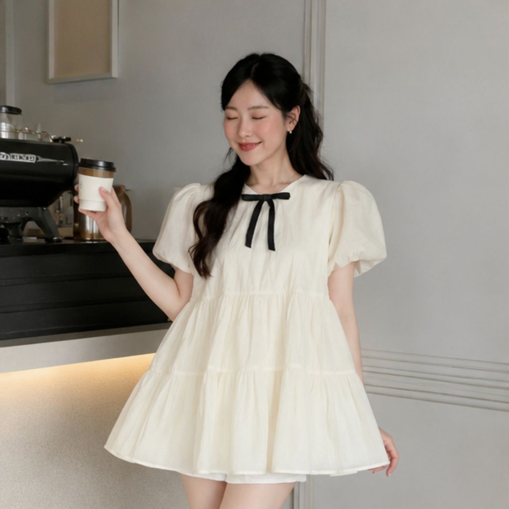 Áo babydoll tay bồng dáng xoè 2 lớp – kèm nơ tiểu thư siêu xinh