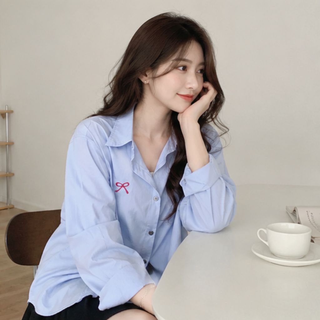 Áo sơ mi thô mềm form rộng thêu nơ – phong cách Hàn Quốc nữ tính - Ảnh 4