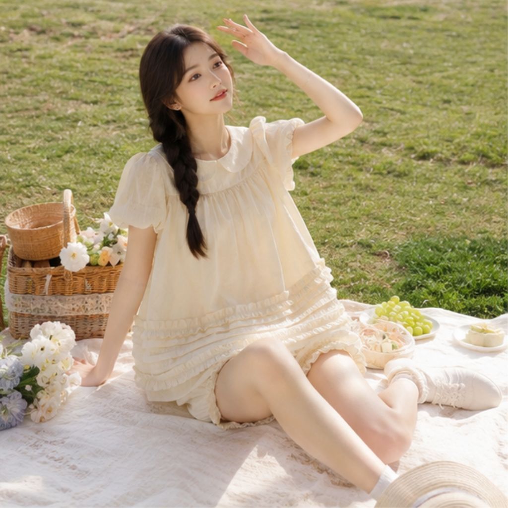 Áo váy babydoll cổ sen 2 lớp form rộng – tặng quần bí bo chun siêu xinh