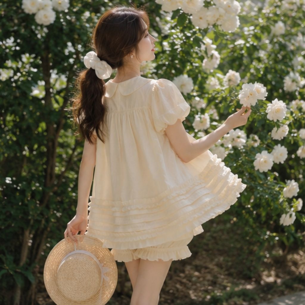 Áo váy babydoll cổ sen 2 lớp form rộng – tặng quần bí bo chun siêu xinh