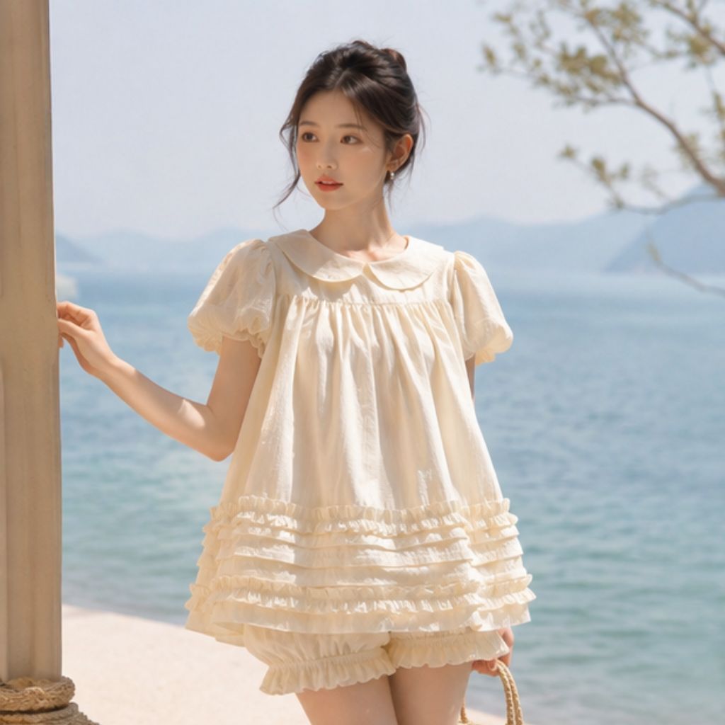 Áo váy babydoll cổ sen 2 lớp form rộng – tặng quần bí bo chun siêu xinh