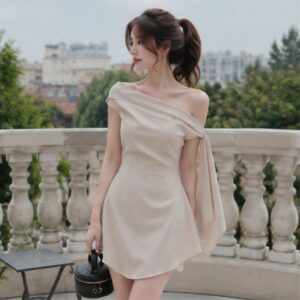 Đầm trễ vai chiết eo buộc nơ vai – váy tiểu thư sang chảnh dự tiệc - Hình ảnh 1