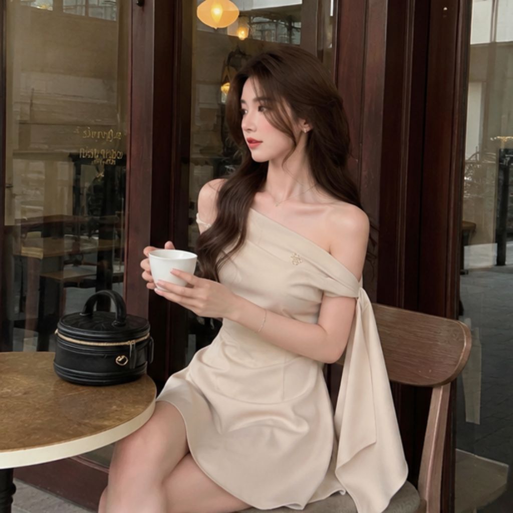 Đầm trễ vai chiết eo buộc nơ vai – váy tiểu thư sang chảnh dự tiệc