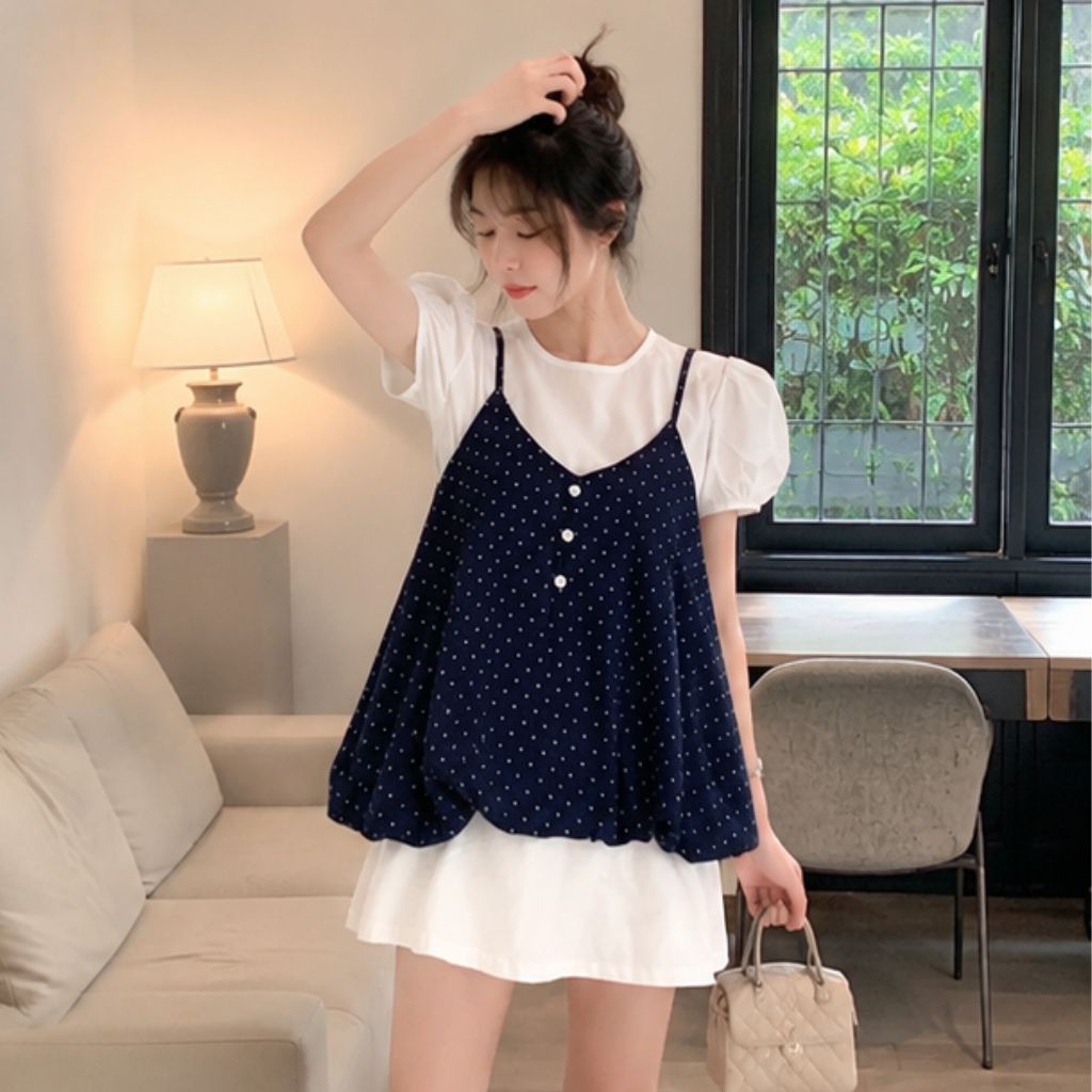 Set áo 2 dây chấm bi dáng bí phồng – outfit mùa hè nữ tính siêu xinh