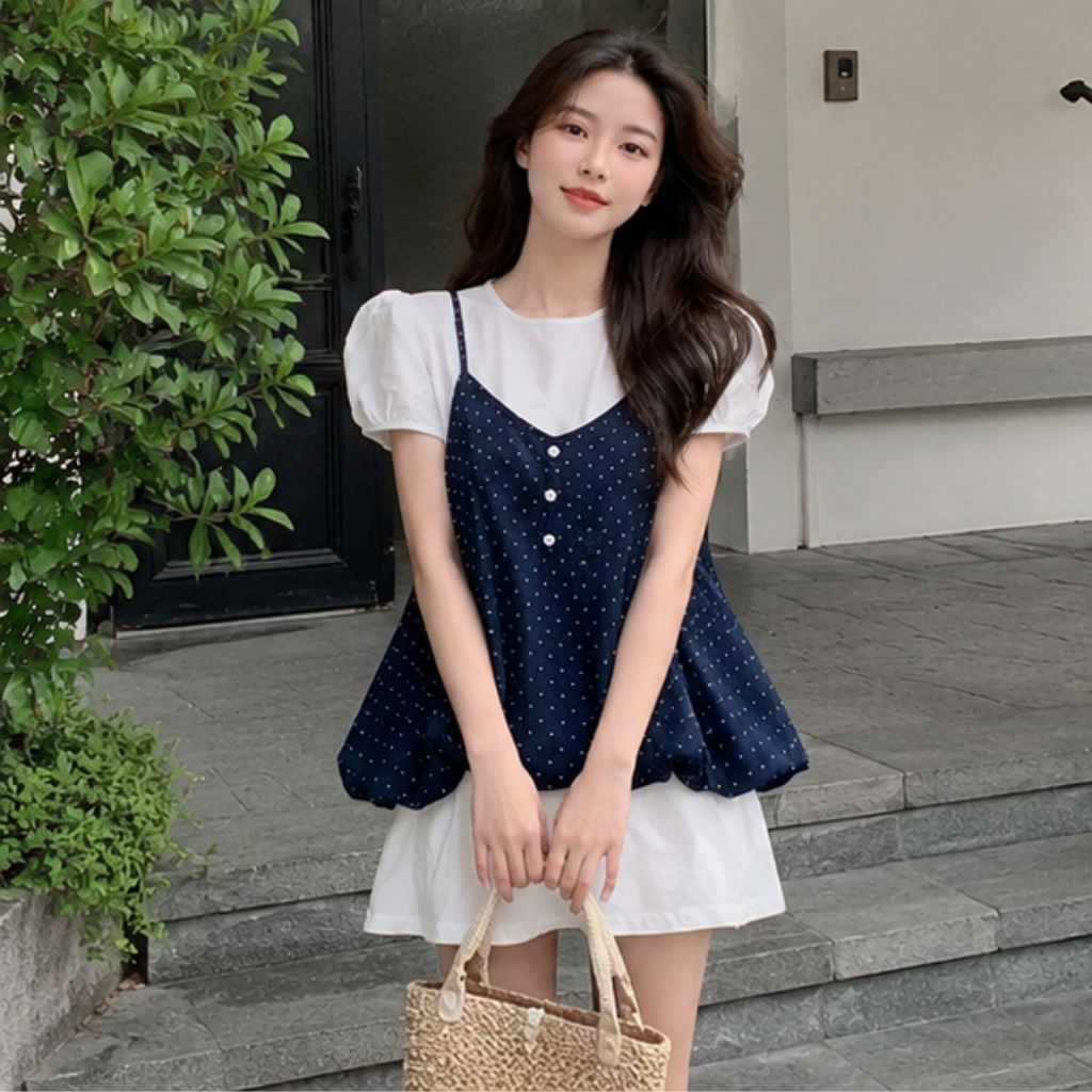 Set áo 2 dây chấm bi dáng bí phồng – outfit mùa hè nữ tính siêu xinh