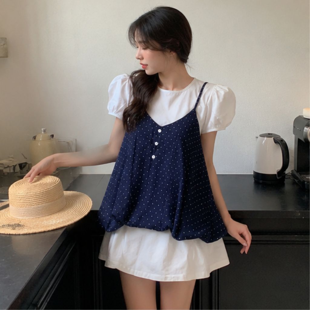 Set áo 2 dây chấm bi dáng bí phồng – outfit mùa hè nữ tính siêu xinh