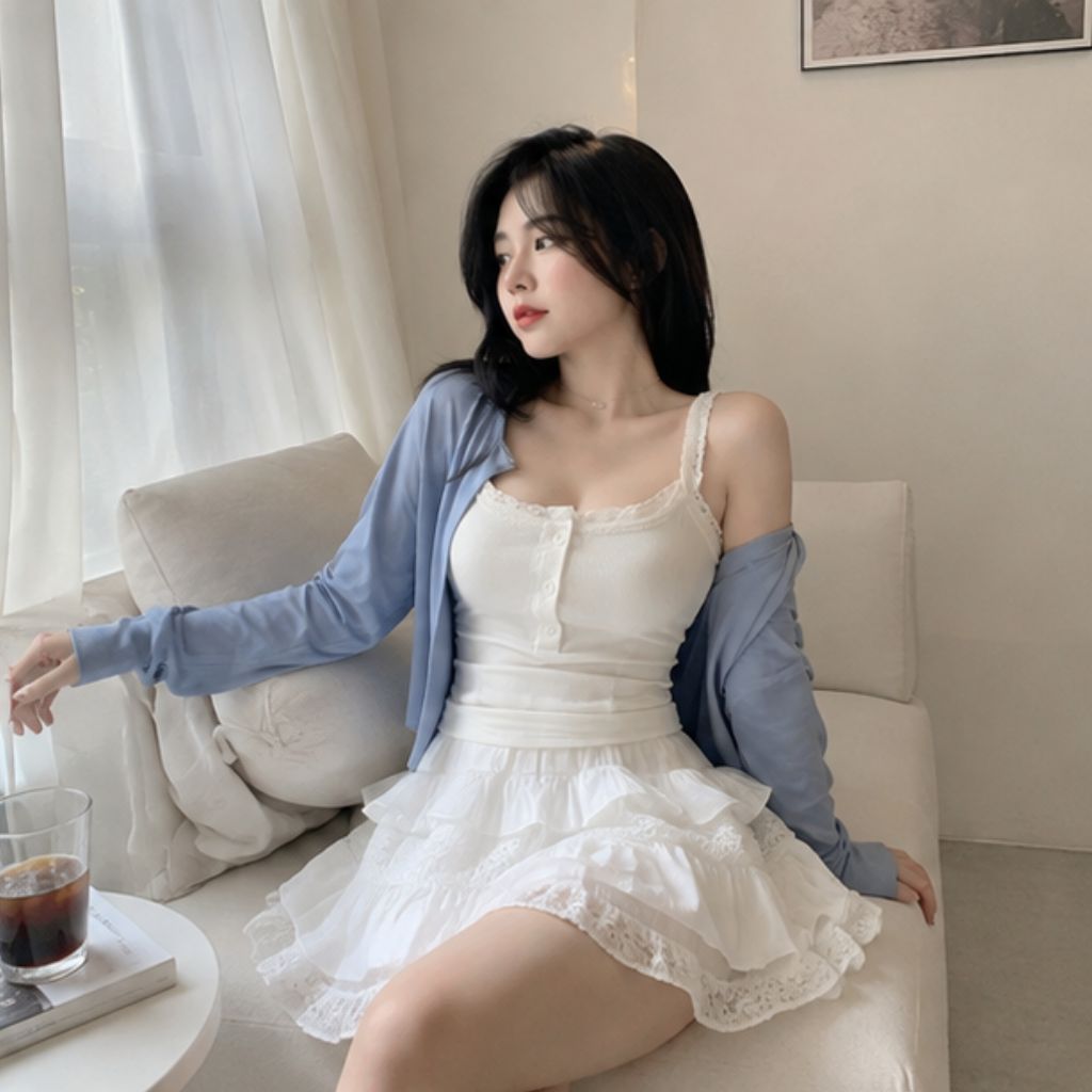 Set áo hai dây mix cardigan xanh – phối chân váy xòe nhẹ nhàng nữ tính - Ảnh 3