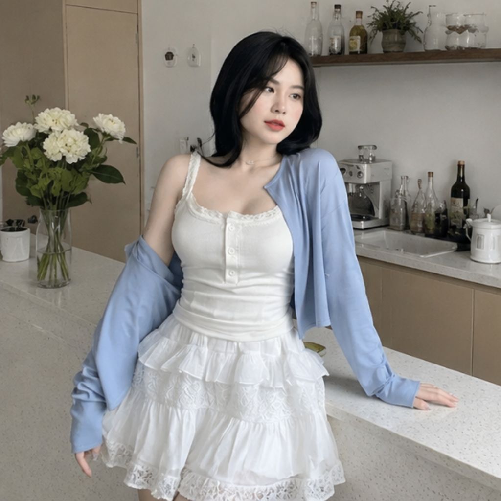 Set áo hai dây mix cardigan xanh – phối chân váy xòe nhẹ nhàng nữ tính - Ảnh 2