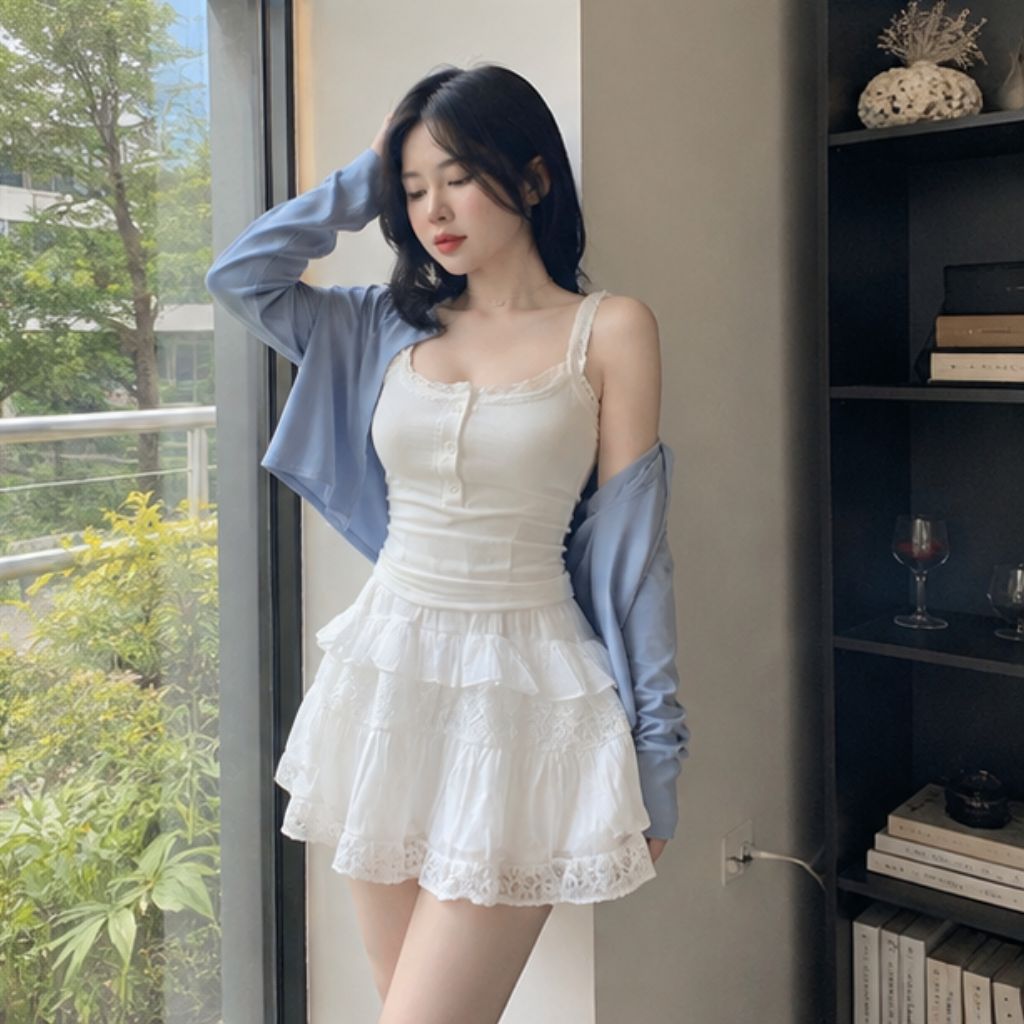 Set áo hai dây mix cardigan xanh – phối chân váy xòe nhẹ nhàng nữ tính