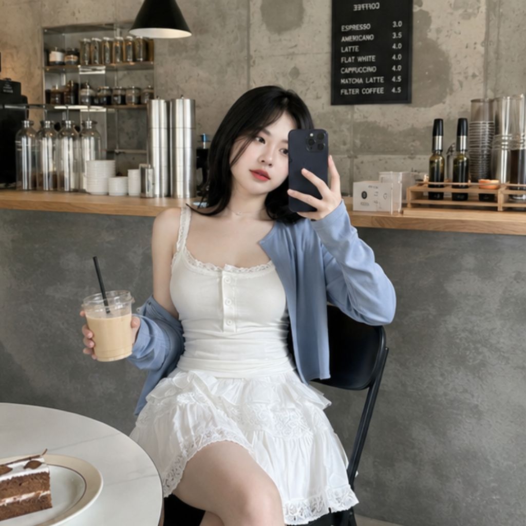 Set áo hai dây mix cardigan xanh – phối chân váy xòe nhẹ nhàng nữ tính - Ảnh 4