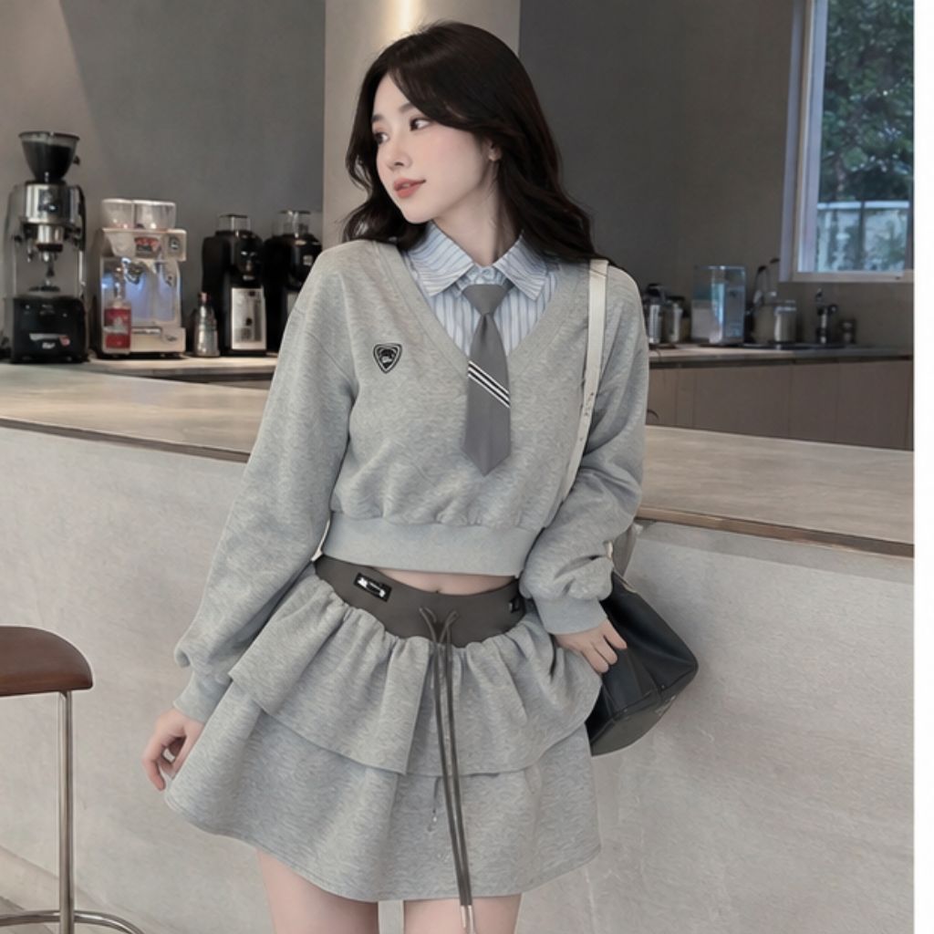 Set áo nỉ croptop dài tay mix cà vạt – phối chân váy tầng phong cách Hàn