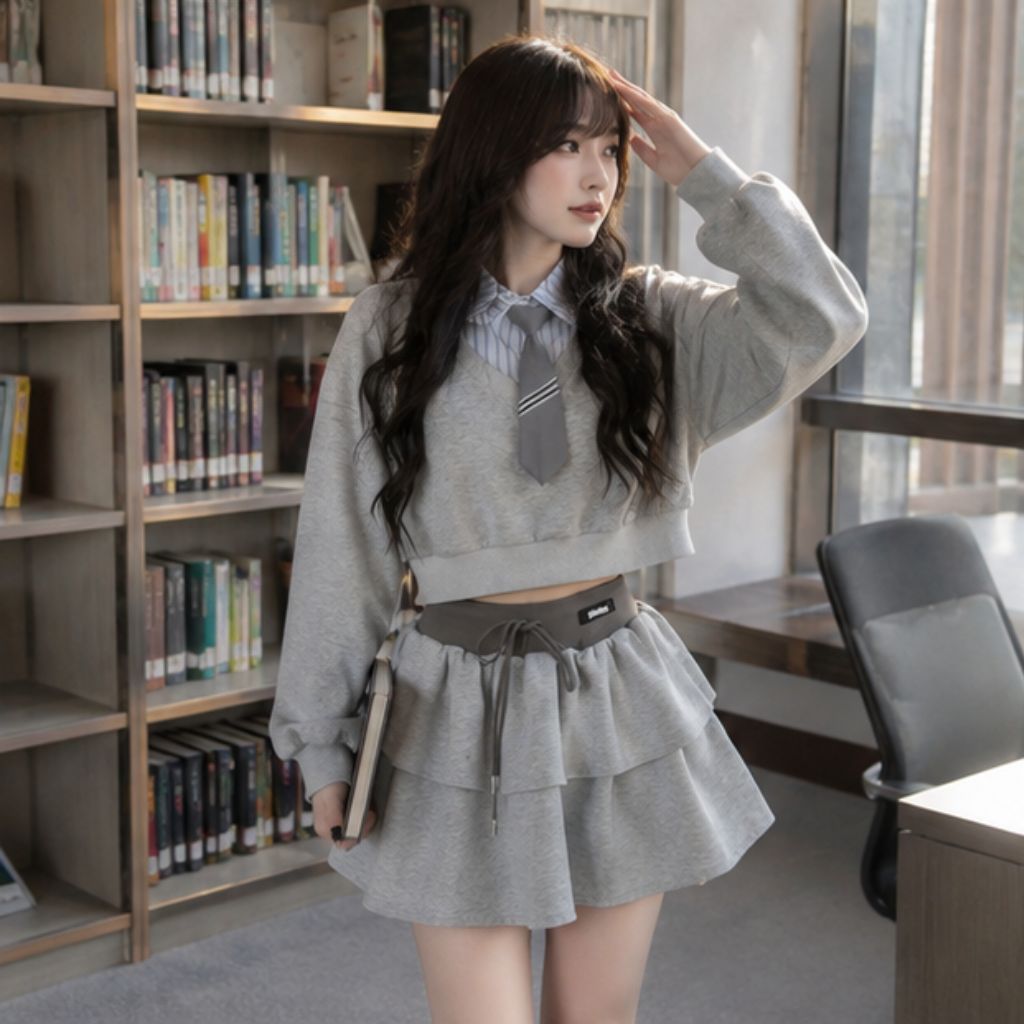 Set áo nỉ croptop dài tay mix cà vạt – phối chân váy tầng phong cách Hàn - Ảnh 3