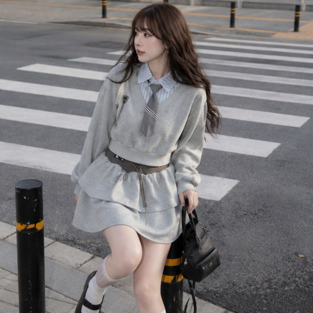 Set áo nỉ croptop dài tay mix cà vạt – phối chân váy tầng phong cách Hàn - Ảnh 4