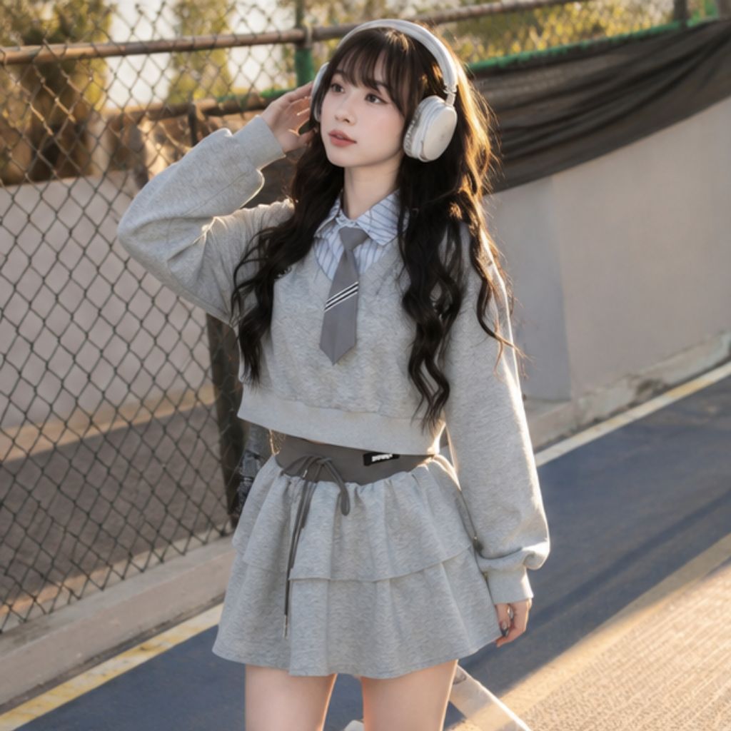 Set áo nỉ croptop dài tay mix cà vạt – phối chân váy tầng phong cách Hàn - Ảnh 2