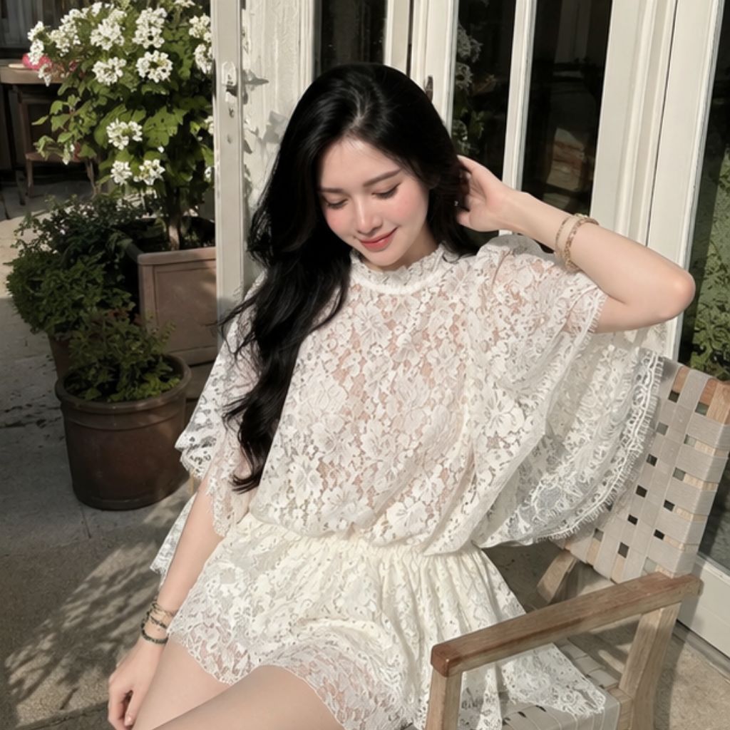 Set áo ren tay dơi phối quần đùi – dáng xòe sang chảnh tặng áo dây
