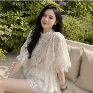 Set áo ren tay dơi phối quần đùi – dáng xòe sang chảnh tặng áo dây - Hình ảnh 4