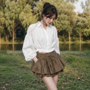Set áo sơ mi croptop tay bồng – phối chân váy xoè tầng siêu xinh - Hình ảnh 4