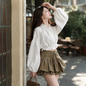 Set áo sơ mi croptop tay bồng – phối chân váy xoè tầng siêu xinh - Hình ảnh 2
