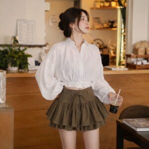 Set áo sơ mi croptop tay bồng – phối chân váy xoè tầng siêu xinh - Hình ảnh 3