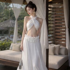 Set áo yếm hở lưng phối chân váy maxi dài – váy đi biển nàng thơ sang chảnh - Hình ảnh 1