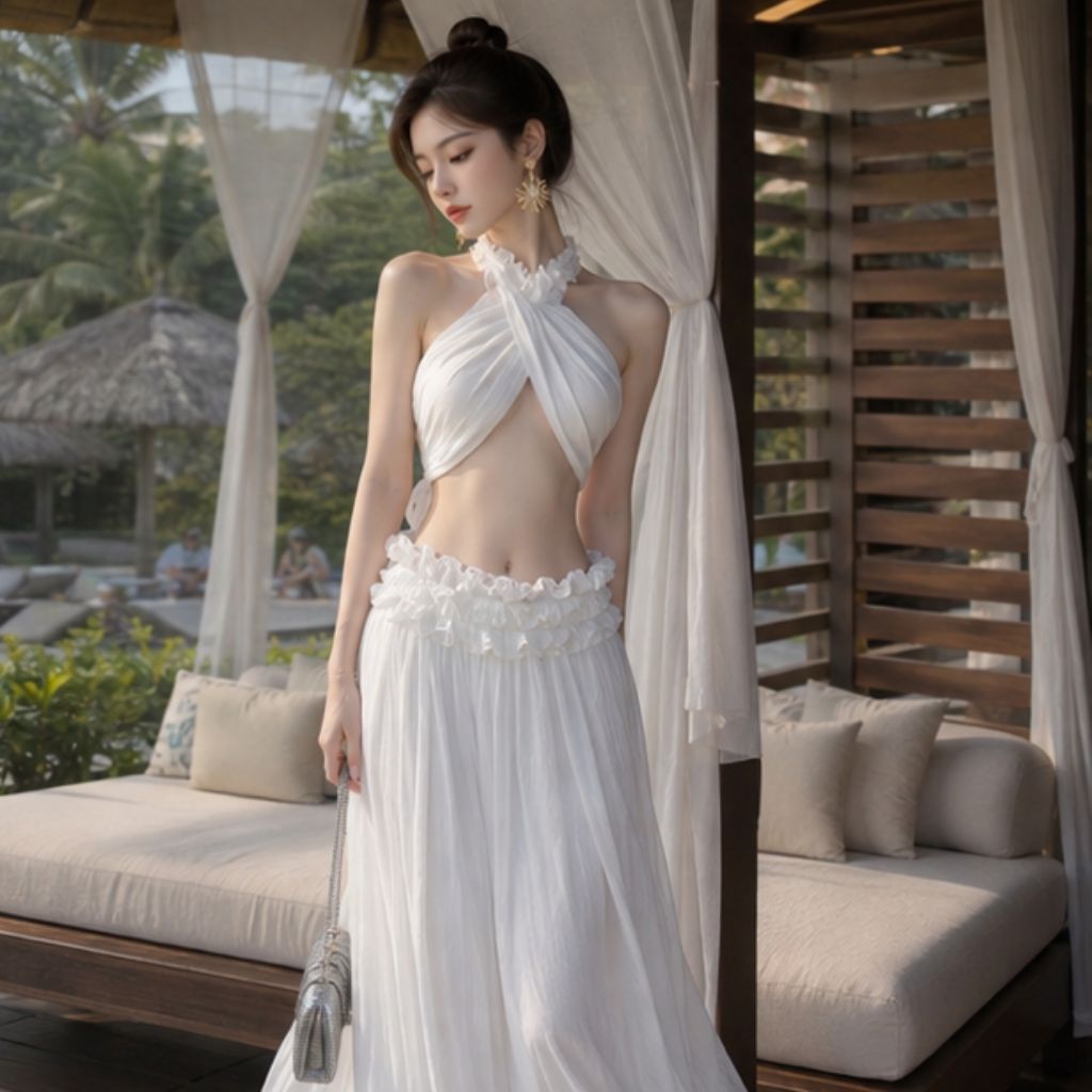 Set áo yếm hở lưng phối chân váy maxi dài – váy đi biển nàng thơ sang chảnh