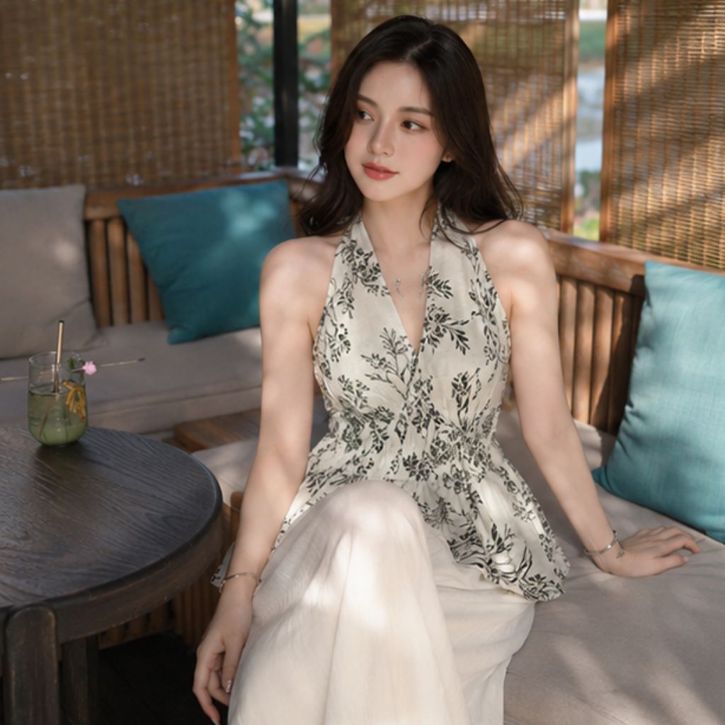 Set áo yếm hở lưng phối quần suông 2 lớp – outfit đi biển siêu xinh