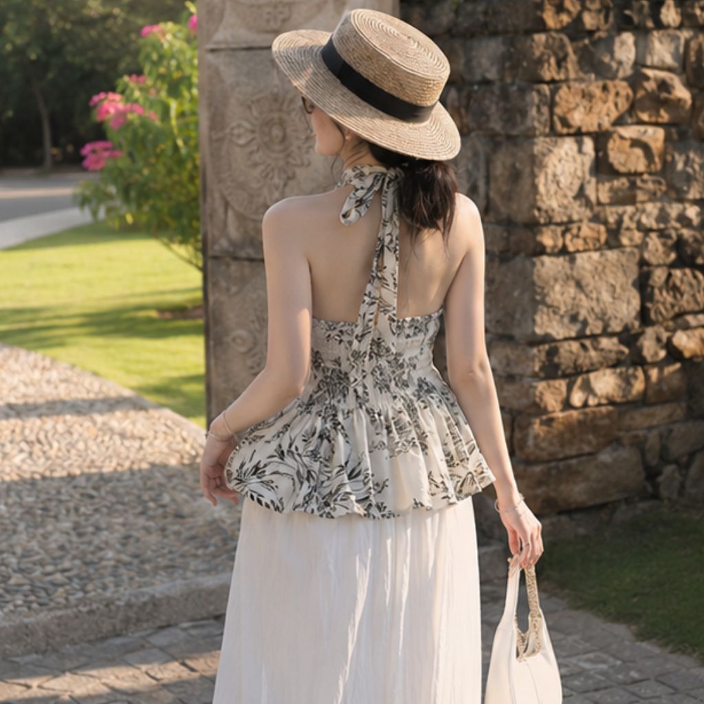 Set áo yếm hở lưng phối quần suông 2 lớp – outfit đi biển siêu xinh