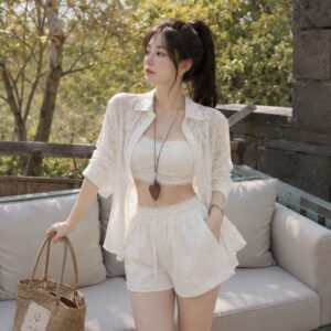 Set sơ mi phối ren kèm quần short viền ren – tặng áo bra siêu xinh - Hình ảnh 1