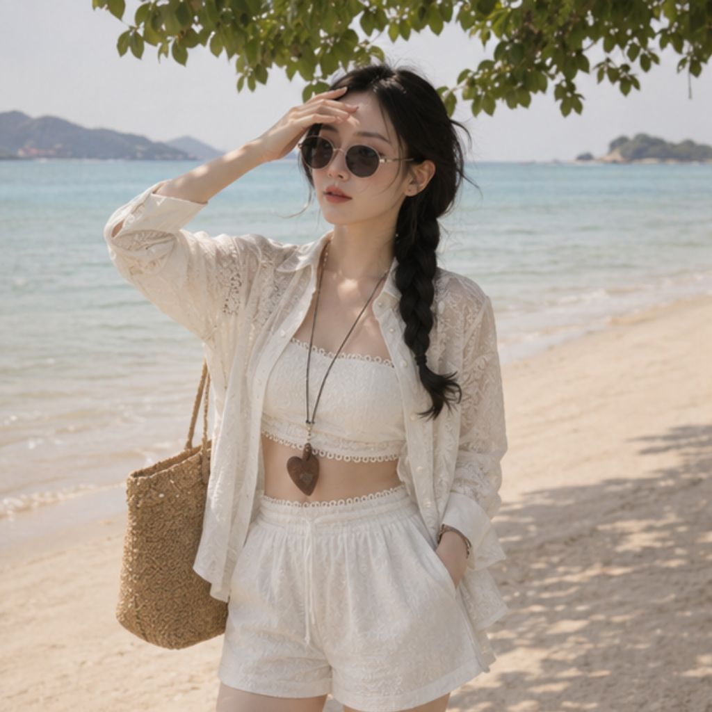 Set sơ mi phối ren kèm quần short viền ren – tặng áo bra siêu xinh