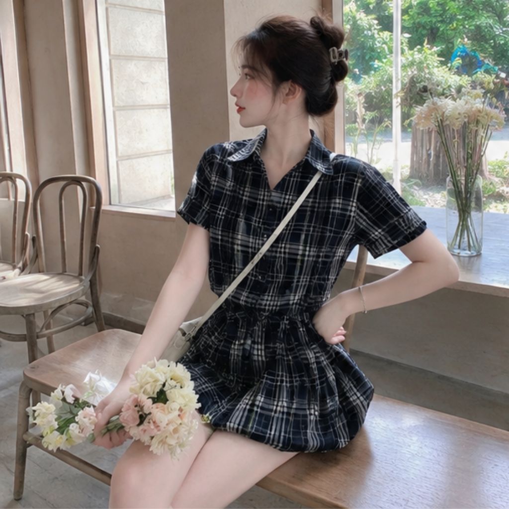 Set váy cổ sơ mi kèm dây đai kẻ caro – dáng bí phồng siêu xinh - Ảnh 3