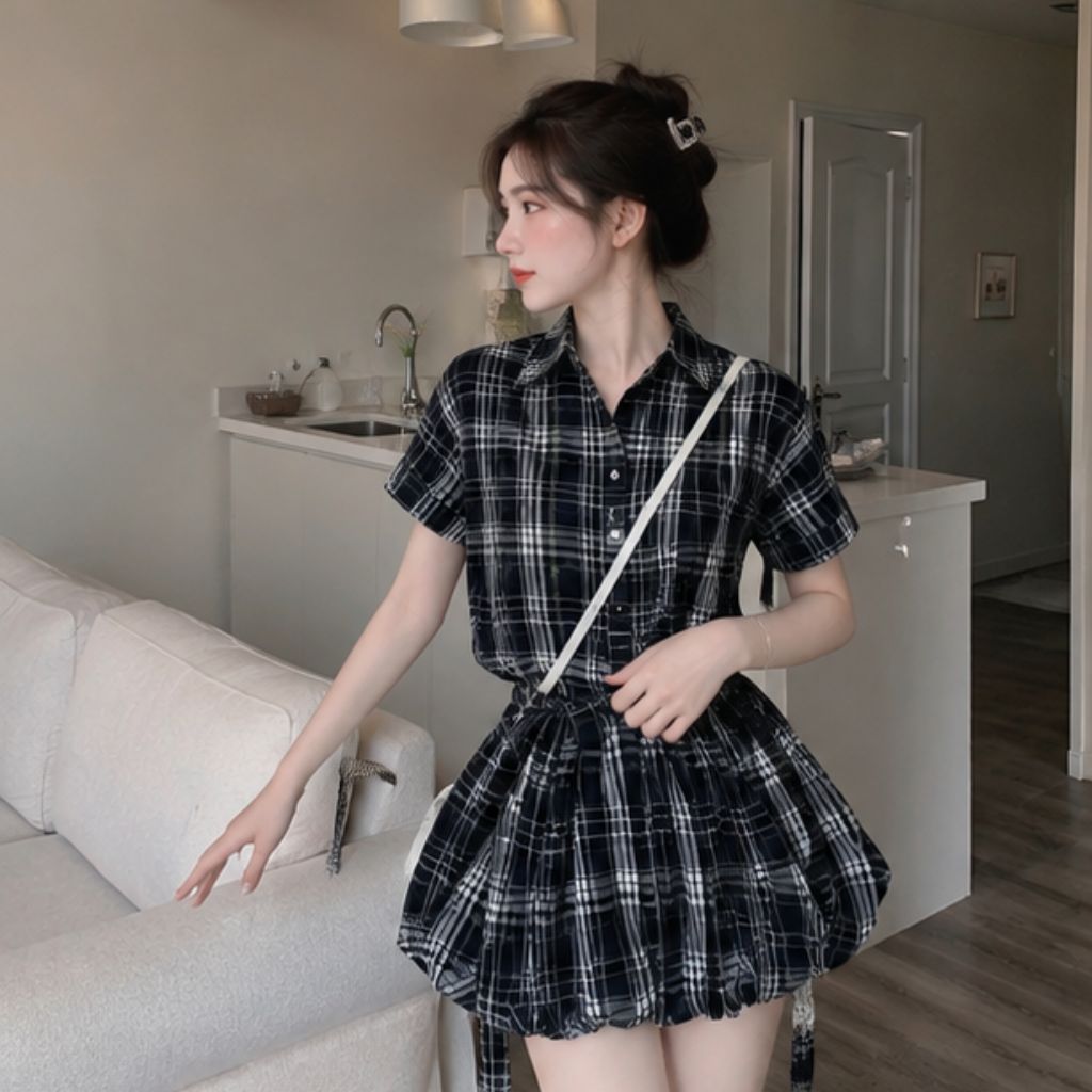 Set váy cổ sơ mi kèm dây đai kẻ caro – dáng bí phồng siêu xinh