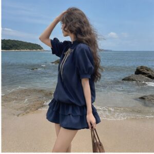 Set váy cổ tàu kẻ buộc nơ – dáng bí tay bồng tiểu thư siêu xinh - Hình ảnh 2