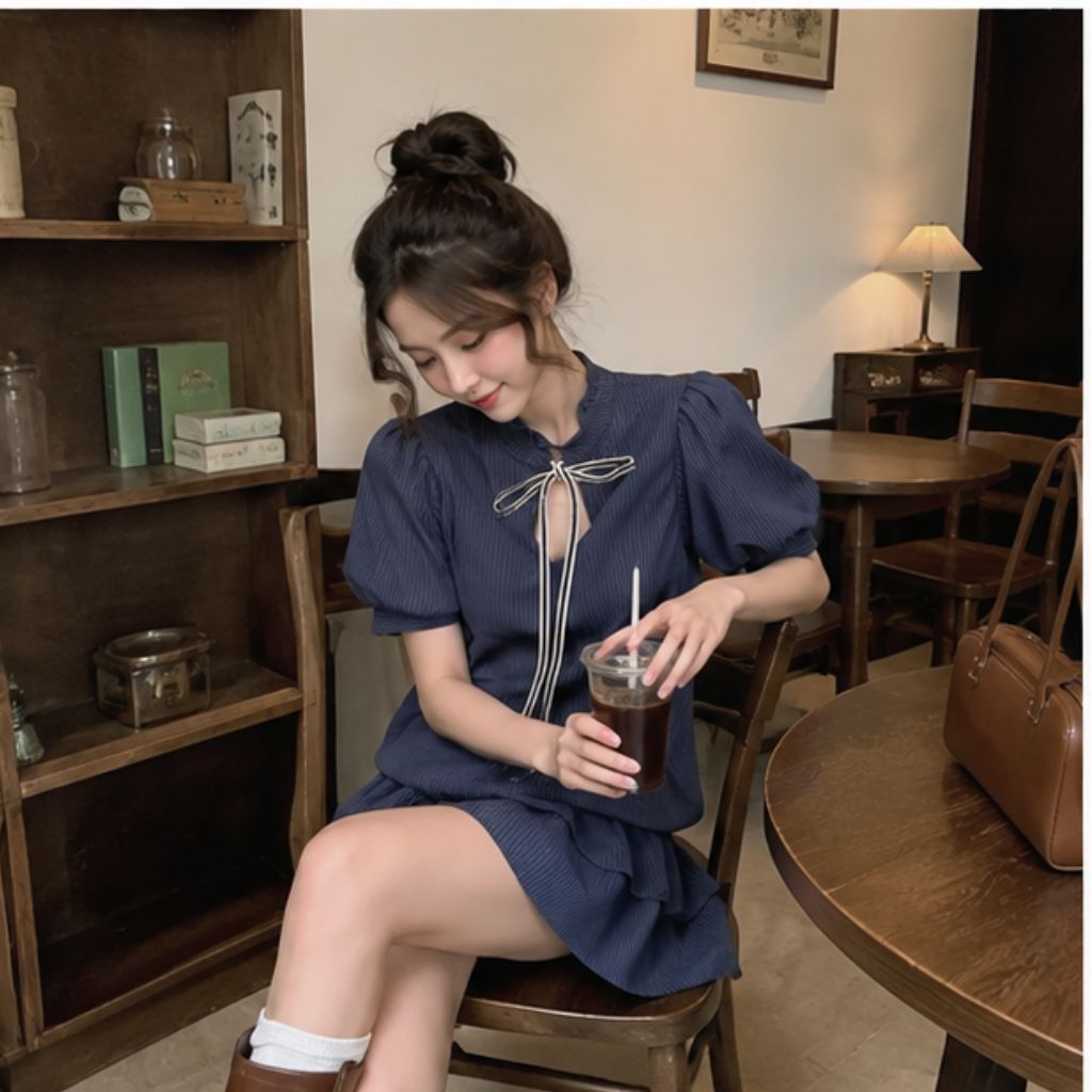 Set váy cổ tàu kẻ buộc nơ – dáng bí tay bồng tiểu thư siêu xinh