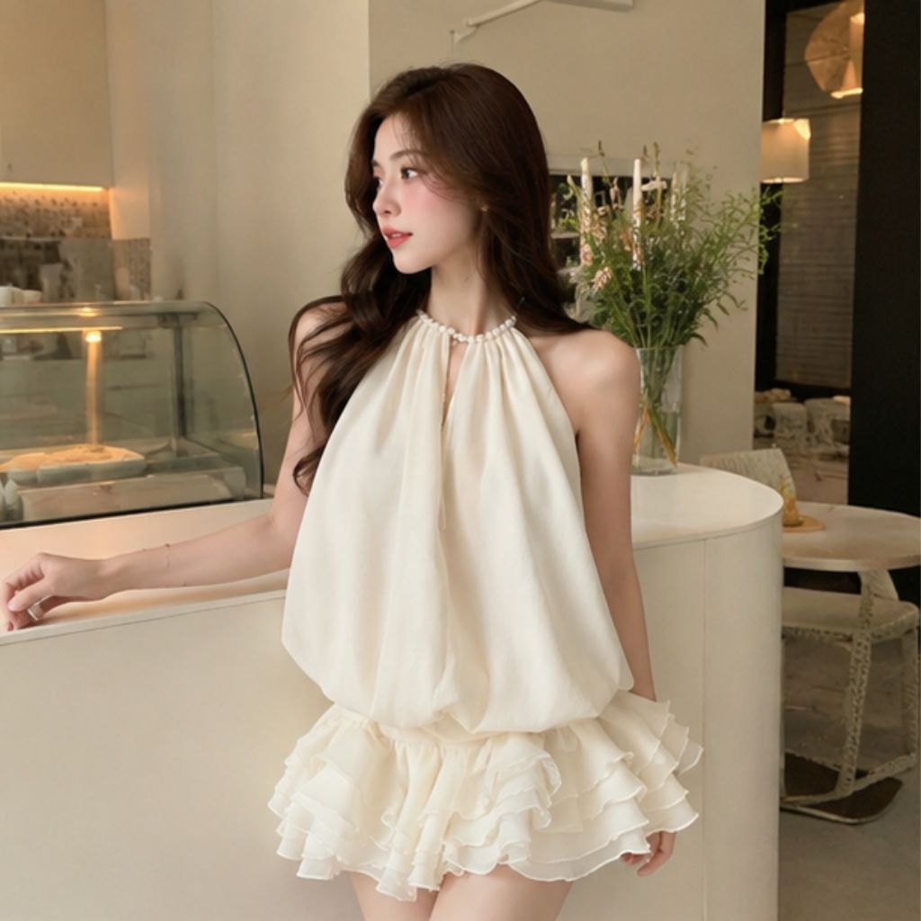 Set váy cổ yếm đính ngọc hở lưng – dáng bí xòe tiểu thư siêu xinh - Ảnh 2