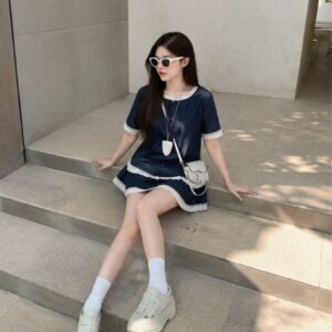 Set váy nữ áo denim viền ren – phối chân váy xòe tiểu thư siêu xinh