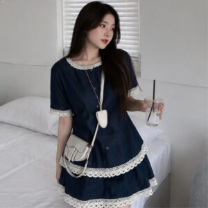 Set váy nữ áo denim viền ren – phối chân váy xòe tiểu thư siêu xinh - Hình ảnh 4