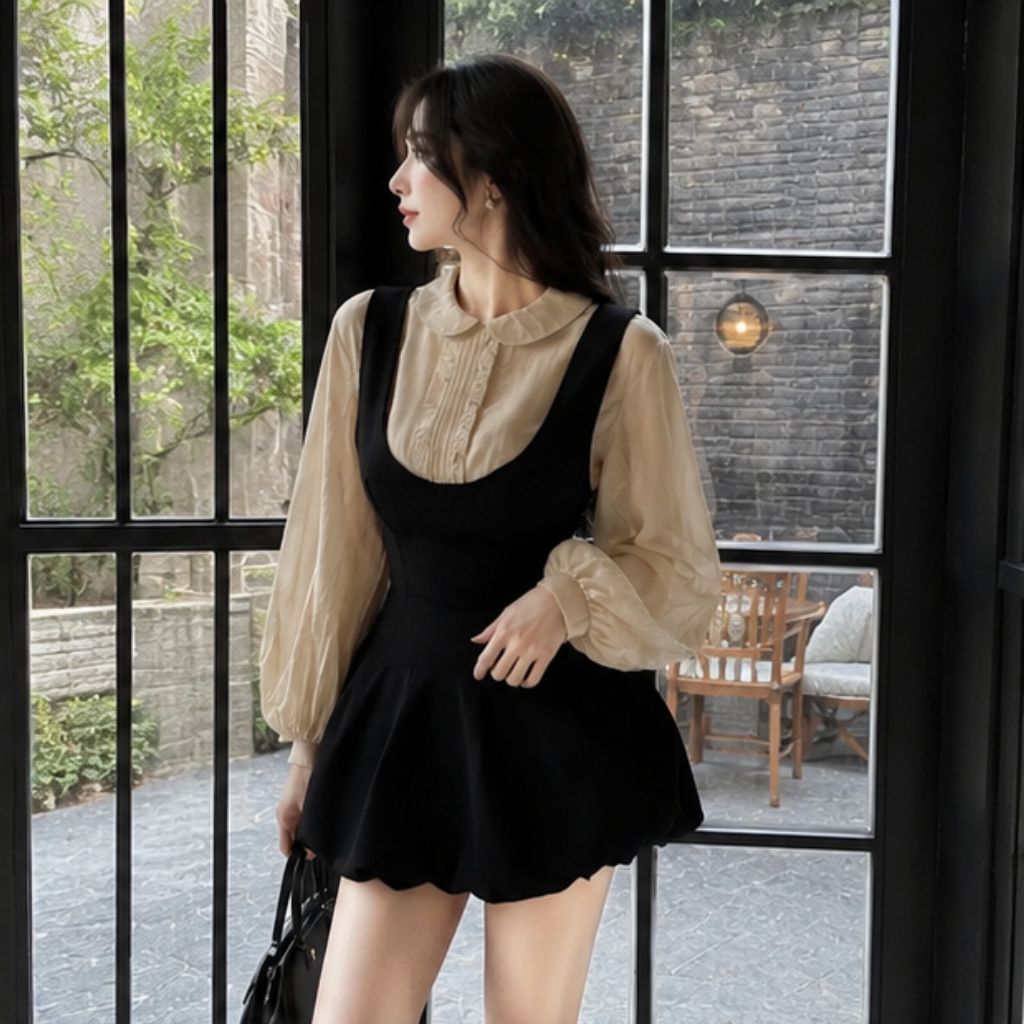 Set váy yếm nhung phối áo sơ mi cổ sen – phong cách tiểu thư sang chảnh