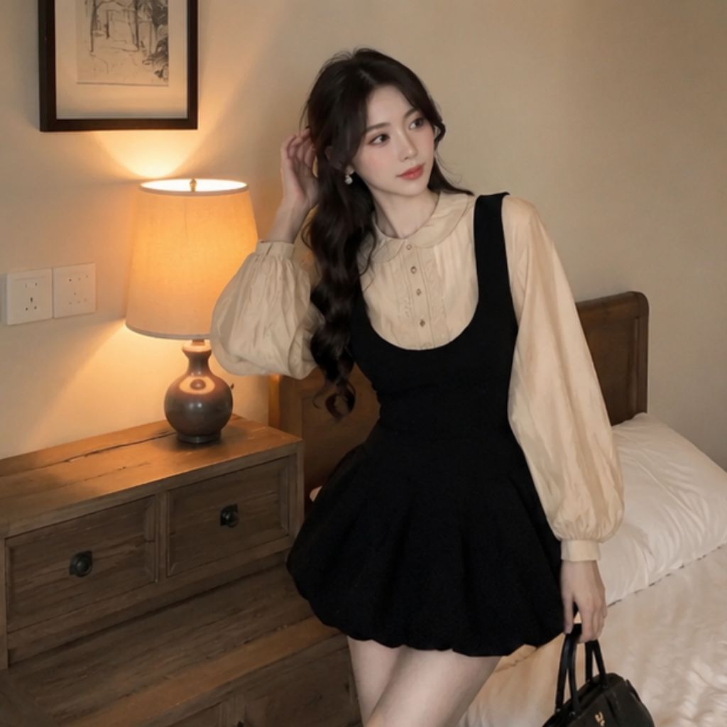 Set váy yếm nhung phối áo sơ mi cổ sen – phong cách tiểu thư sang chảnh